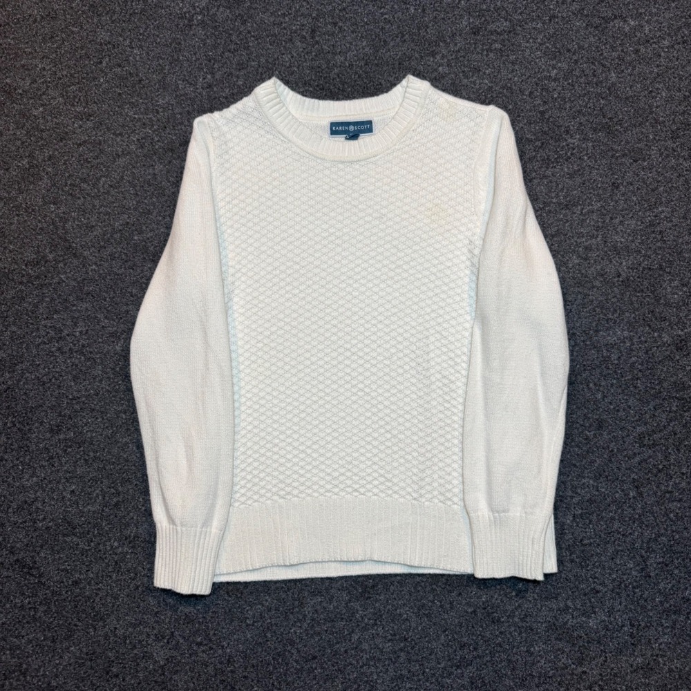 Karen Scott Womens Medium Cream Textured Knit Crew Neck Sweater Long Sleeve